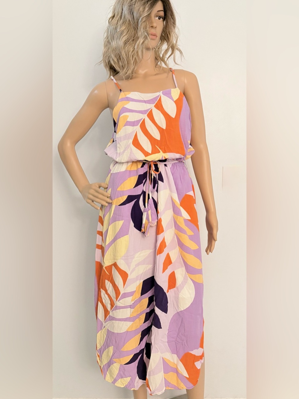 Sleeveless Multi Colored Print Midi Dress Elastic Waist Adjustable Straps Sz Med